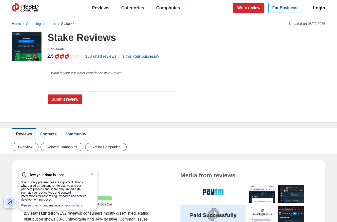 Captura contextual suministrada de opiniones de usuarios sobre Stake