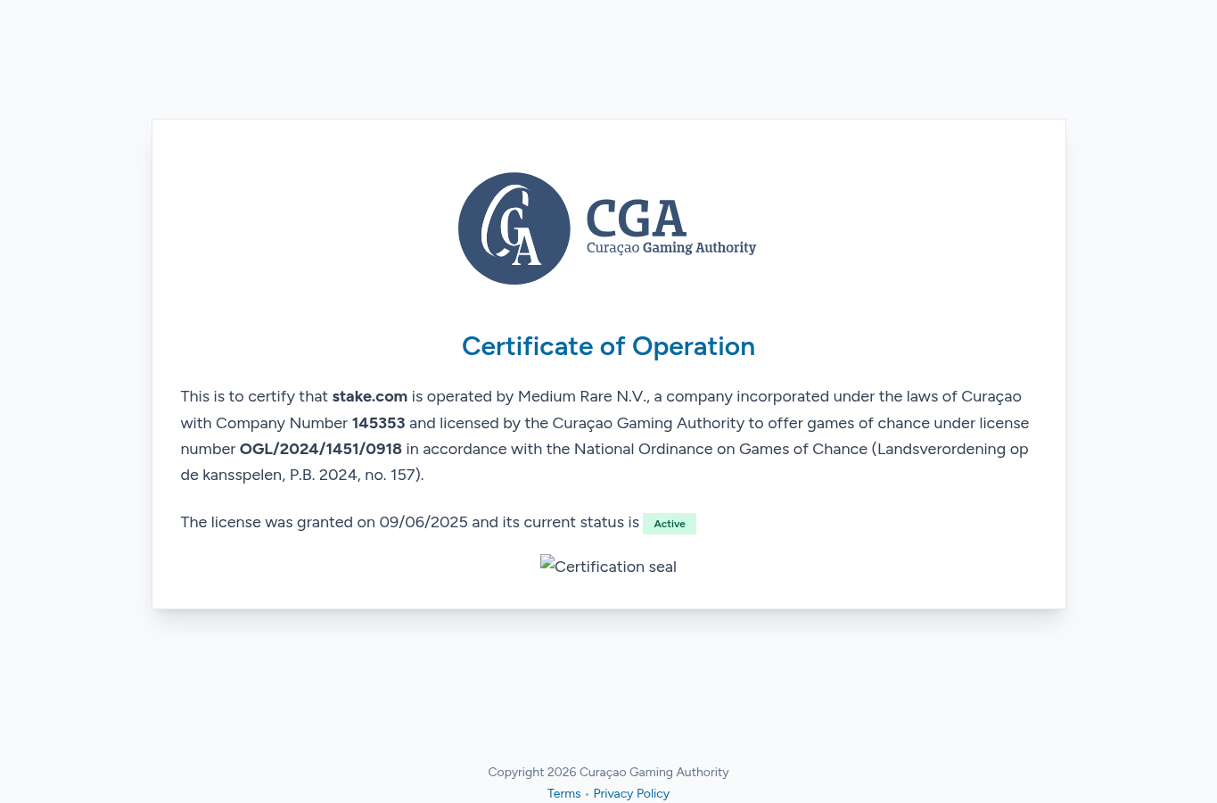 Captura suministrada del registro extranjero que vincula stake.com con Medium Rare N.V. y OGL/2024/1451/0918